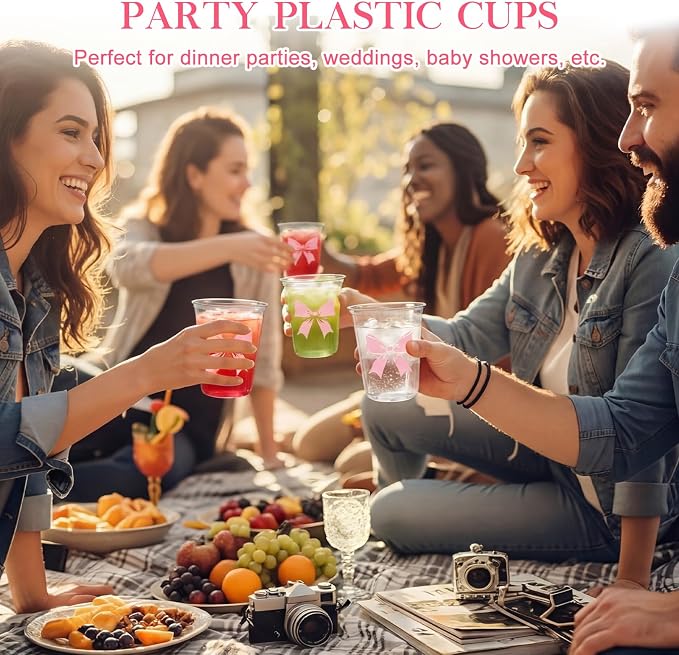 Ziliny 50 Pcs 16oz Pink Bow Cups Birthday Party Decorations Supplies Disposable Plastic Cups for Bachelorette Party Valentines Galentines Day Christmas Wedding Baby Shower