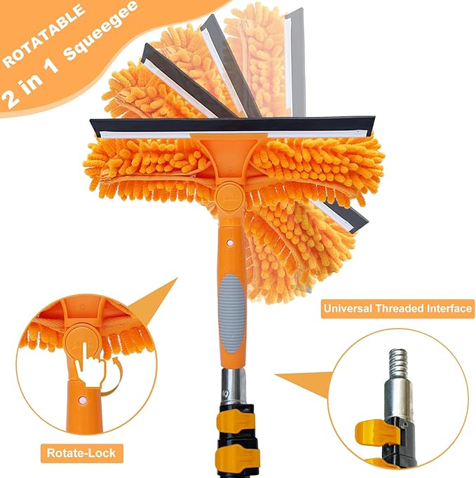 20 Ft+ Reach 2 In 1 Window Squeegee Duster with 5-to-12 Foot Extension Pole, Cleaner Tool with 3-Stage Telescoping Pole, Cleaning Kit with Rotatable Head - Chenille Cloth + Microfibre Cloths Head