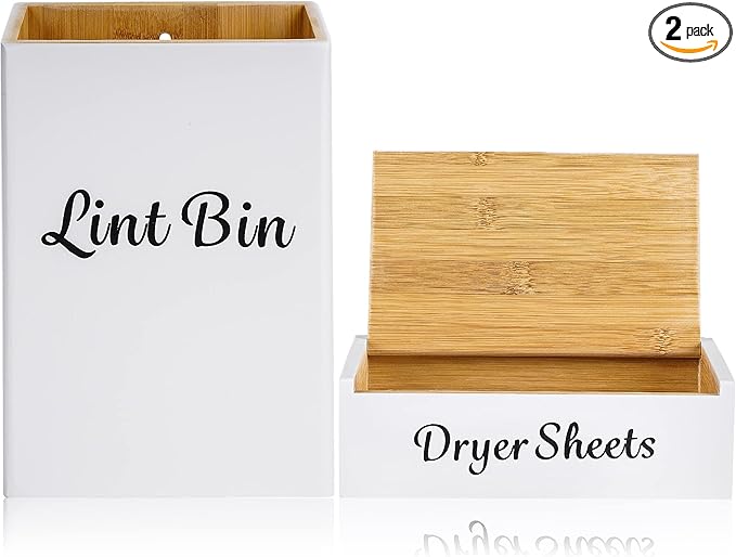 FJO Magnetic Lint Bin 10’’ x 7’’ and Dryer Sheet Holder 8’’ x 5’’ , Wall Mounted Bamboo Wood Trash Can Compact Size Laundry Room Accessories Supplies