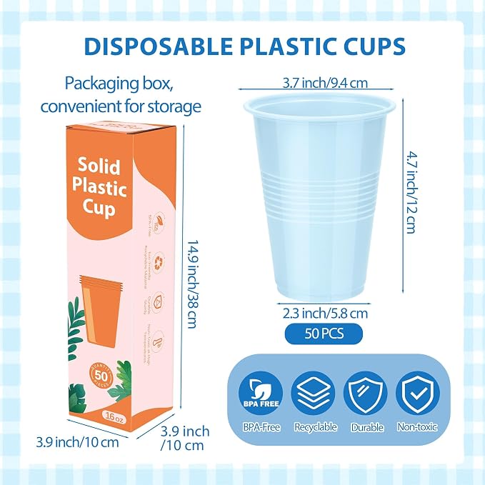 Kochorie 50 Pack Disposable Plastic Cups 16 Oz Solid Color Drinking Cups Party Supplies Strong and Sturdy Drinkware Cup For Birthday, Wedding, Baby Shower, Gender Reveal Party & Daily Use, Light Blue