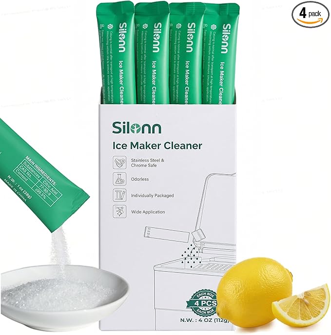 Silonn Ice Maker Cleaner & Descaler | Fast Dissolving, Safe & Non-Toxic | 100% Pure Citric Acid Descaler Powder, 4 Individually Packaged Pouches, Compatible with All Ice Makers & Coffee Machines