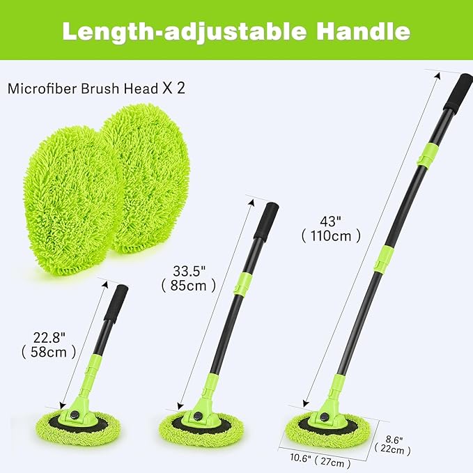 Car Wash Brush Kit with 15° Curved Long Handle, Car Cleaning Kit with 2 Replaceable Car Washing Mop, Wash Sponge, Mitt, Towel, Tire Brush, Cleaning Tools for Cars RV SUV Truck (Green)