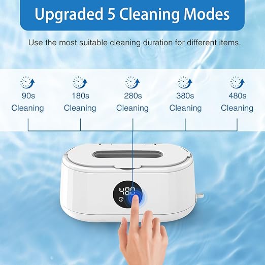 Ultrasonic Jewelry Sunglasses Cleaner Machine with Digital Timer, 5 Time Cleaning Modes, 50 Khz Sonic Jewelry Cleaner for All Jewelry Ring Eyeglass Etc, White