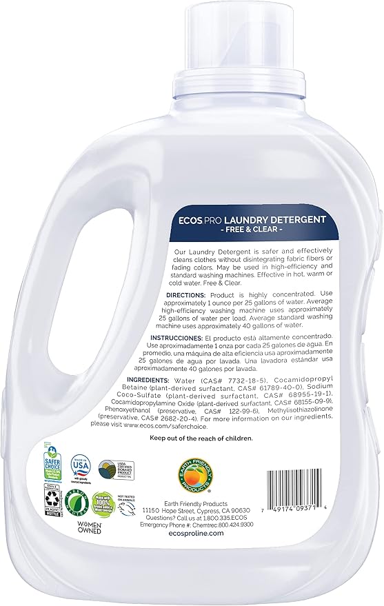 ECOS PRO Liquid Laundry Detergent 2 Ct, Free & Clear, Concentrated & Ideal for Commercial & Industrial Use, Unscented, PL9371/02, 170 fl oz (Pack of 2)