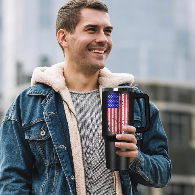 Ceovfoi American Flag Tumbler with Handle,40 oz Dad Vacuum Insulated Stainless Steel Travel Tumblers,Patriotic Military Gifts For Veterans, Police, Fathers Day, 4th of July