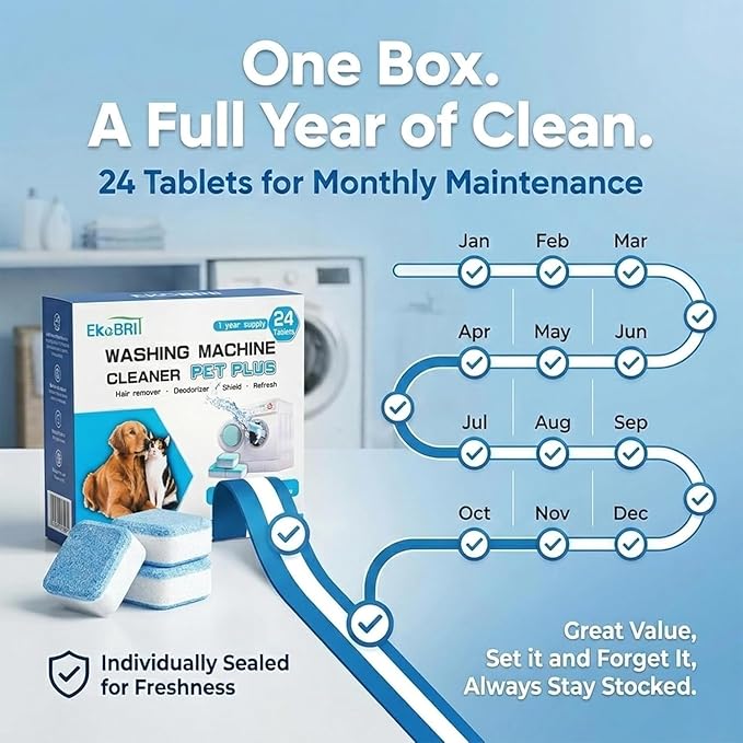 Washing Machine Cleaner Tablets 24 Pack – Deep Cleaning Washer Descaler for Front Load & Top Load Machines, Septic Safe Washing Machine Cleaning Tablets, 12 Month Supply
