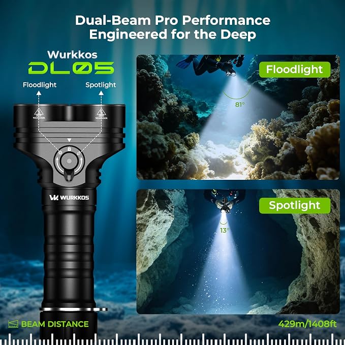 Wurkkos DL05 6000LM Scuba Dive Light, 14H Long Runtime LED Underwater Flashlight, IPX8 Waterproof 100M Rechargeable Submersible Torch with Type-C, Handheld Tactical Light for Snorkeling, Night Diving