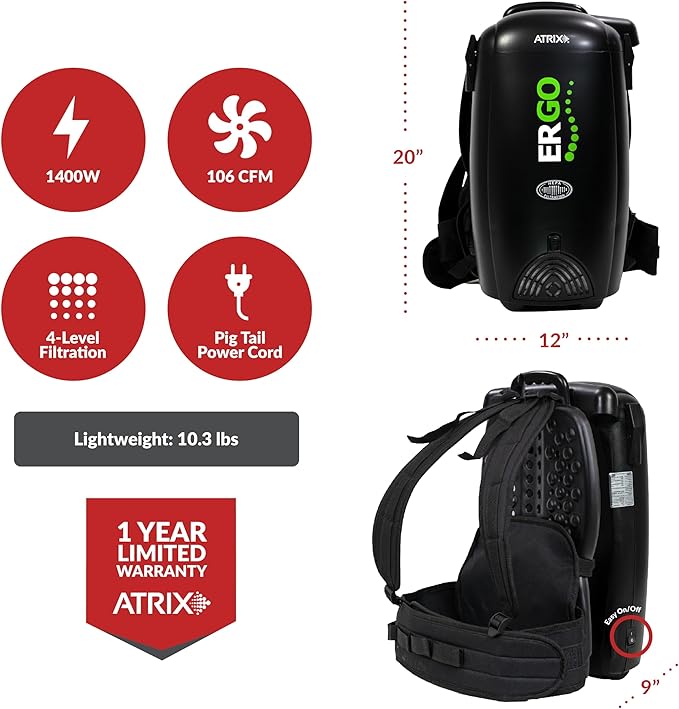 Atrix Ergo Backpack Canister Vacuum, Portable Cleaner with Attachments for Professional and Residential Use, VACBP10 Premium Bundle