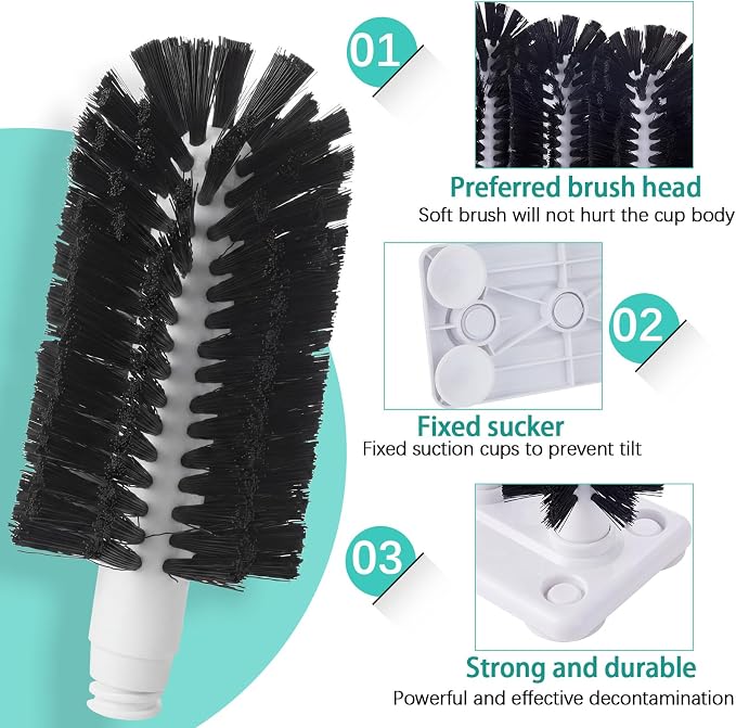 Havawish 2 Pack Water Bottle Cleaning Brush with Suction Base, 3 Head All Black Bristles Bar Glass Washer for Sink, Cup Washer Brush Cleaner for Bar Beer Cup, Wine Glass(7.3 x 3.4 x 7.5)