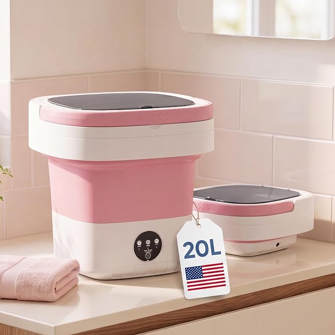 Mini Portable Washing Machine, Foldable 21L/5 Gallon Collapsible Washer, Quiet Compact Laundry Bucket for Dorm, Apartment, RV, Camping, and Travel, Light Pink