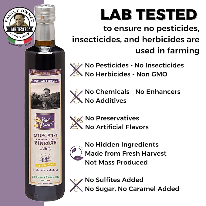 Papa Vince Aged Balsamic Vinegar - No Sugar, No Sulfites Added, No Pesticides. Made from freshly crushed whole grapes grown in Sicily, Italy, Minimally Processed, Delish subtle wine finish