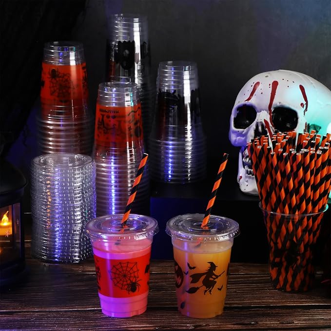 Yaomiao 300 Pcs 12 oz Halloween Plastic Party Cups with Lids and Straw Happy Halloween Plastic Cup Halloween Disposable Clear Cups Whiskey Party Cups Black Pumpkin Witch Drinking Set for Party Supply