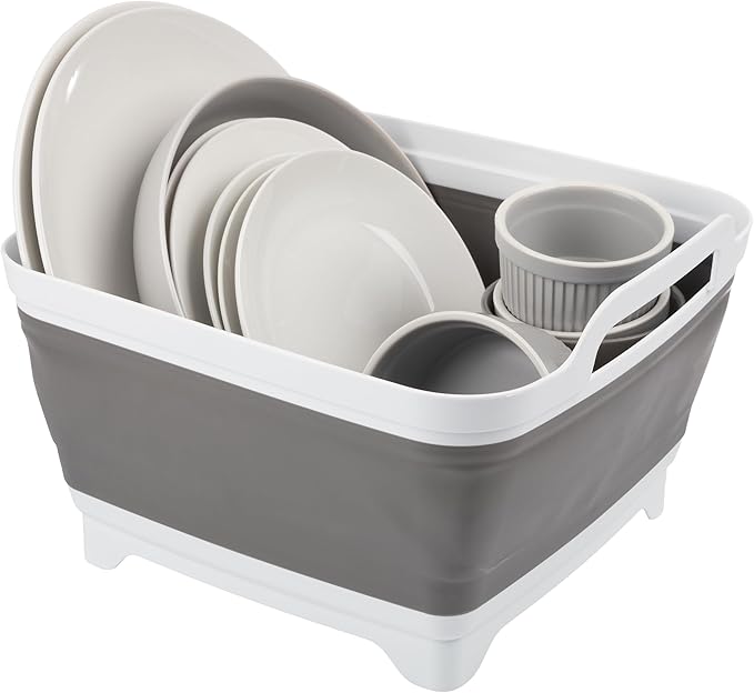 Collapsible Wash Basin - 9L Portable Sink with Drain - Plastic Tub Dish Pan for Camping, Handwashing Laundry, or Dishes by Wakeman Outdoors (Gray)