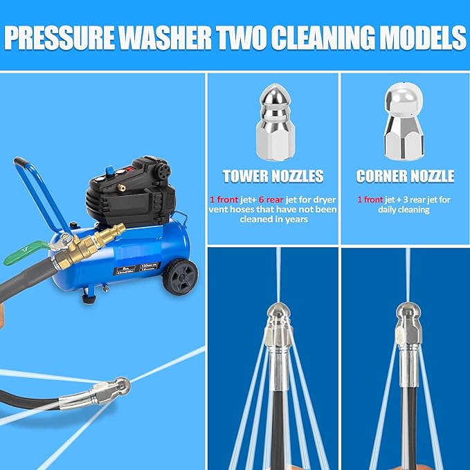 Dryer Vent Cleaner Kit: 32ft Pressure Hose + 1/4 Air Quick Connect + 2 Jetter Nozzle for Powerful Lint Removal, Fire Hazard Reduction & Energy Savings – Ideal for Cleaning Long Dryer Ducts