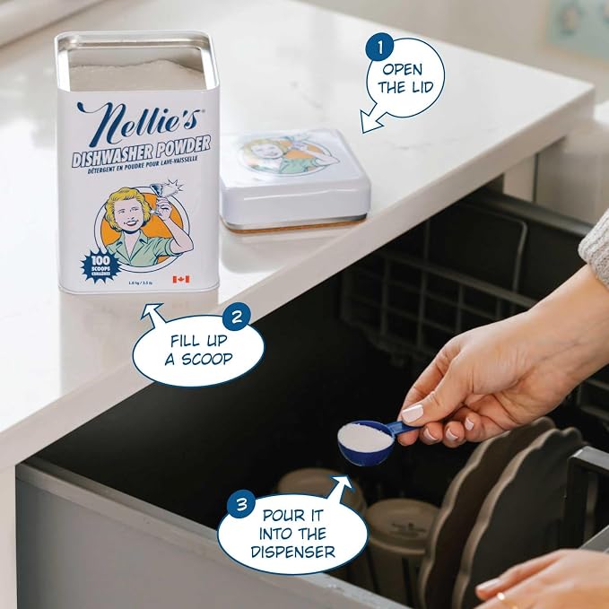 Nellie's Dishwasher Powder - Tough on Food Residue, Plant-Based Ingredients, Spotless Clean, High-Efficiency Dishwashing Solution - 100 Scoop Tin - (Made in Canada) | Plant-Based, Phosphate-Free & Septic-Safe, HE Compatible, Made in Canada