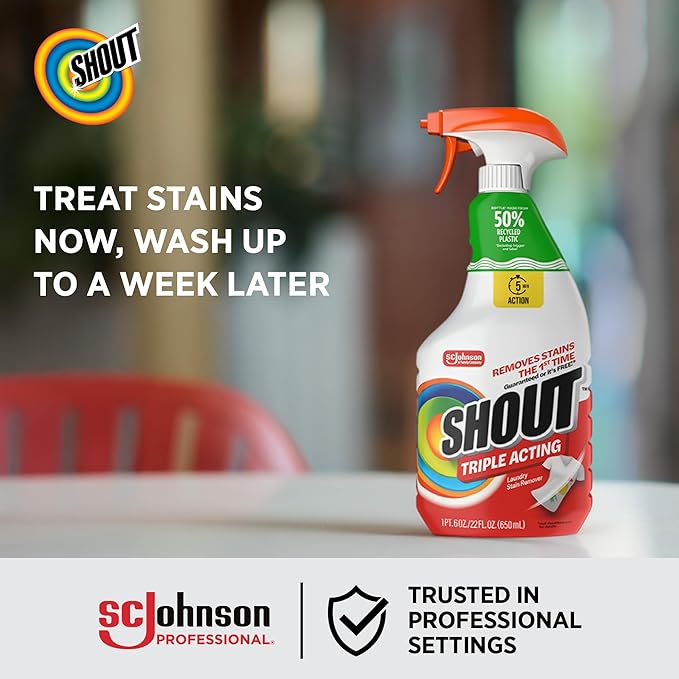 SC Johnson Professional Shout Active Enzyme Laundry Stain Remover Spray 22 fl oz, Pack of 8