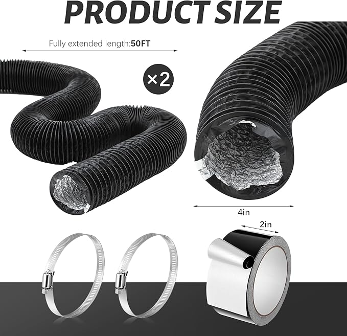 Zonon Dryer Vent Hose 4 Inch x 100 Feet Flexible Aluminum Foil Ducting Non Insulated with Stainless Steel Clamps and Aluminum Tape for Pipe, HVAC Heating Cooling Ventilation and Exhaust(Black)