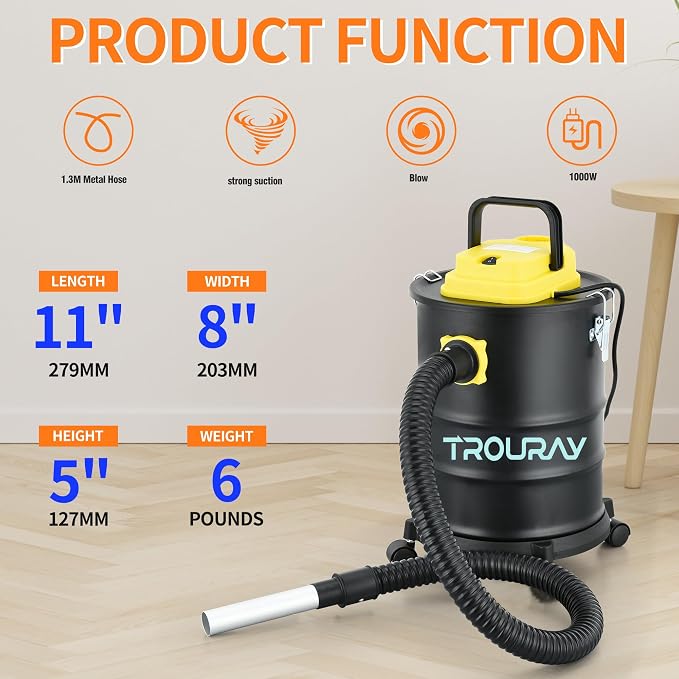 Fireplace Ash Vacuum Cleaner, 4 Gallon Heat Resistant Lightweight Canister Vacuum Cleaner with 1000W Powerful Suction Blowout for Fireplaces, Pellet Roasters, Woodstoves Pellet Ash Vacuums