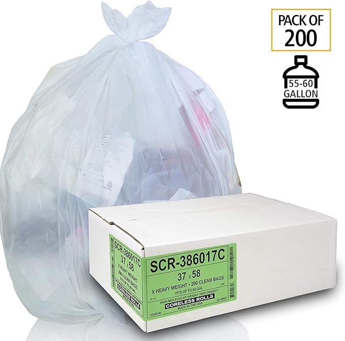 Aluf Plastics 55-60 Gallon Trash Bags Source Reduction Series Value High Density 17 Micron Gauge (equiv) - Intended for Home, Office, Bathroom, Paper, Styrofoam,Commercial (Pack of 200)