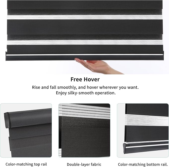 MYshade Cordless Zebra Blinds with Free-Stop Function - Dual Layer Light Filtering & Privacy Sheer Shades for Day and Night - Easy Install Window Shades for Home, Living Room, 35.5" W*72" H,Black