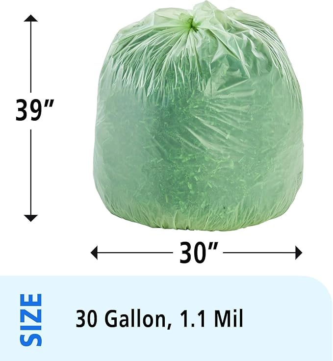 Stout by Envision Compostable Trash Bags, 30 Gallon 30" x 39", 48 Bags Per Case, ASTM6400, Green Bags, Made in America (E3039E11)