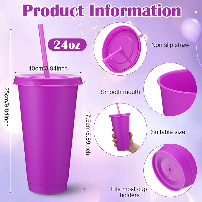 Honeydak 60 Pack Tumbler with Straw and Lid Bulk Cups for Gifts Water Bottle Iced Coffee Travel Mug Cup Reusable Plastic Tumblers for Party Birthdays 24-27 oz (Light Purple Color)