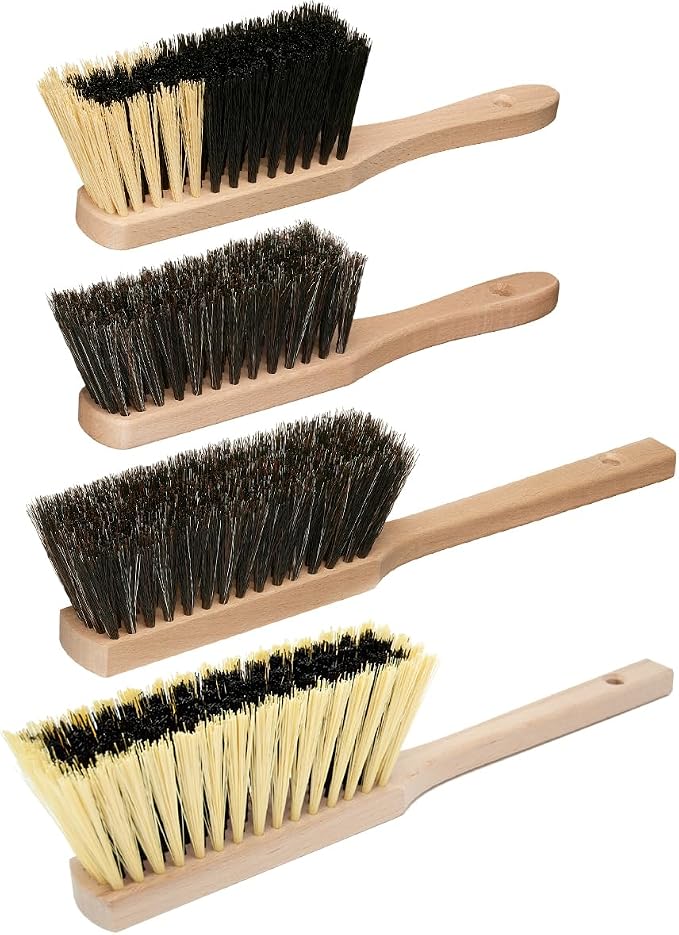 Set of 14.2" & 11.2" Medium-Soft + 14.2" & 11.2" Soft Bristles Hand Brooms, Wooden Handles - Ideal for Professional and Domestic Use, Dusting, Sweeping, and Shop Cleaning