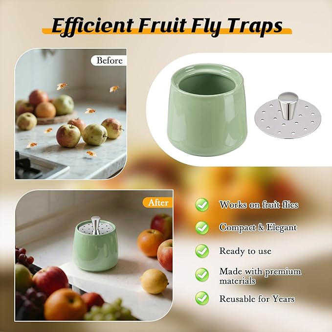 Ceramic Fruit Fly Trap for Indoors, Reusable Kitchen Fly Catcher with Stainless Steel Vent Lid, Uses Safe & Natural Vinegar Bait Trap, Dishwasher Safe, Easy to Use(Green,1 Pack)