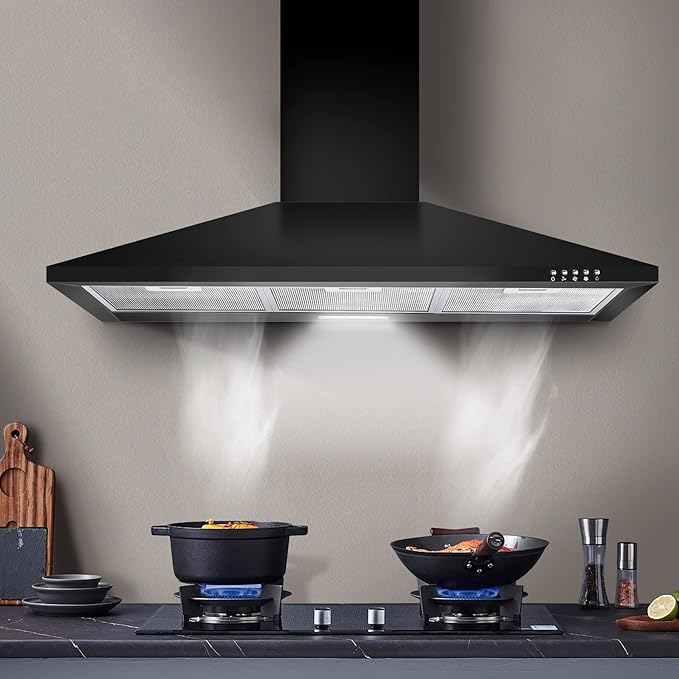 SNDOAS Range Hood 36 inch,Black Vent Hood with 450CFM & 3-Speed, Ducted/Ductless Convertible,Mesh Filters & Push Button Control for Stove Hood,Chimney-style Black Range Hood Wall Mount