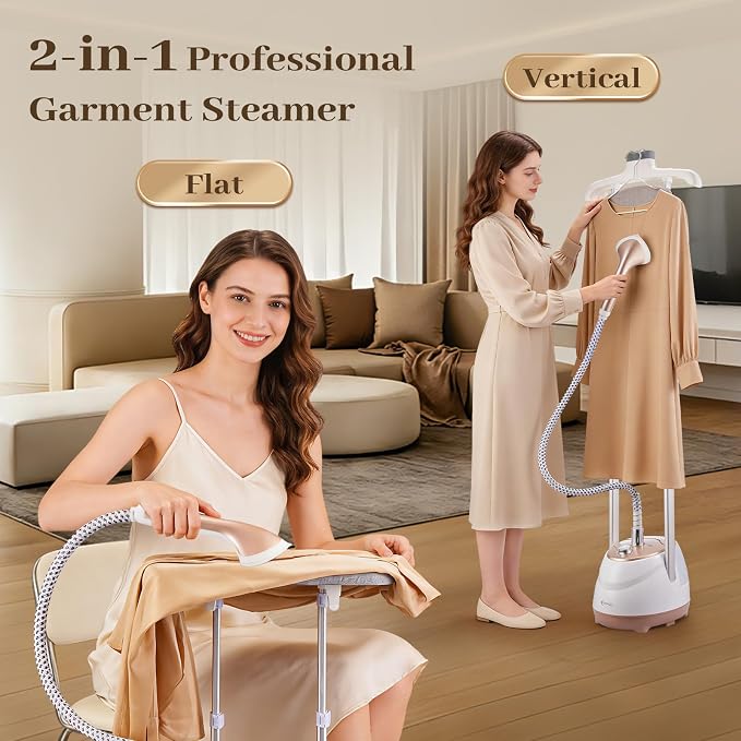 HAPAIS Steamer for Clothes, 1800W Professional Garment Steamer, 30s Heat-Up, 2-in-1 Flat & Hanging, 2L Detachable Water Tank, 60-Min Steam, 10 Fabric Modes, Leak-Proof for Suits & Delicate Fabrics