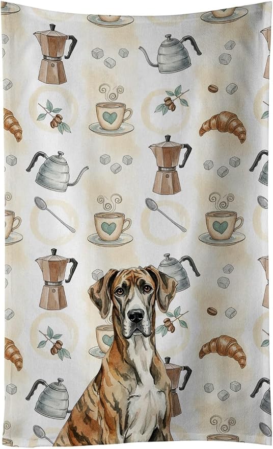 Caroline's Treasures Brindle Great Dane Coffee Bar Kitchen Towel Velour Plush Front and Cotton Loop Back Machine Washable