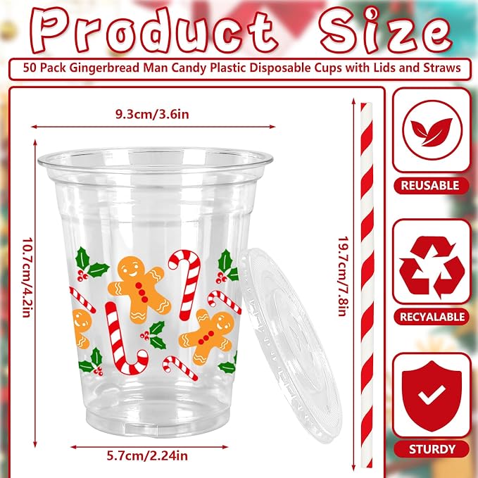 Whaline 50Pcs Christmas Plastic Cups with Lids & Straws 12oz Gingerbread Man Candy Cane Disposable Clear Drinking Cups for Xmas Home Party Supplies