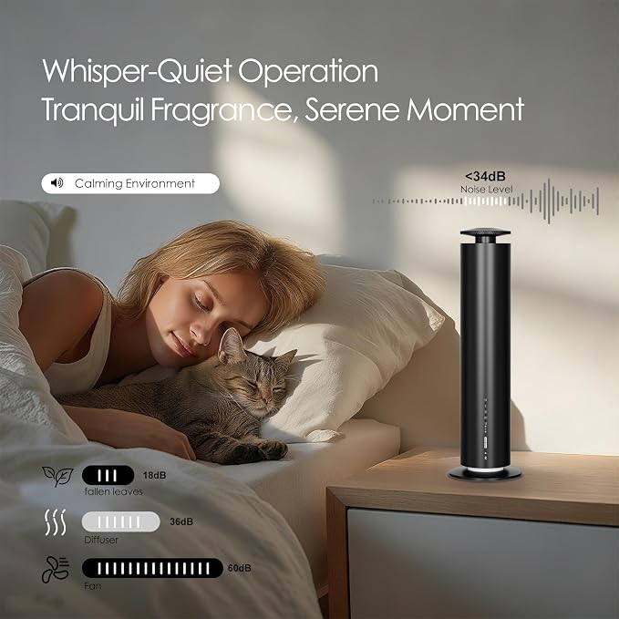 Somniare Waterless Essential Oil Diffuser, 1500 Sq. Ft Coverage Quiet Scent Diffusers for Homes, Hotels, Spas, Adjustable Mist, Included 5 Scent Oils(3.3OZ), Safe for Kids&Pets, Black