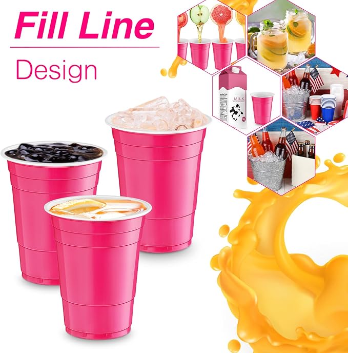 Lounsweer 100 Pcs 16 oz Disposable Party Cups Plastic Heavy Duty Drinking Water Cups for Birthday Baby Shower Wedding BBQ Picnic Party Supplies(Pink)