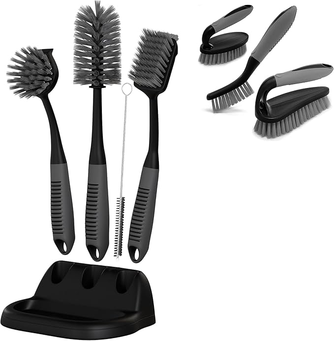 Dish Brush Set of 5 with Convenient Holder, Bottle Water Brush, Dish Scrub Brush, Scrubber Brush and Straw Brush+ Scrub Brush Set of 3pcs- Cleaning Shower Scrubber, Grout Cleaner Brush, Scrub Brushes