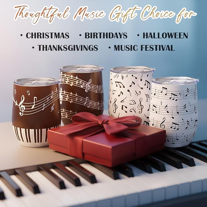 Umigy 4 Pcs Musical Note Tumbler Gifts, 12 oz Stainless Steel Coffee Travel Mug, Vacuum Insulated Tumbler Cup with Gift Box Music Themed Gift for Music Lovers Birthday Graduation Party Supplies