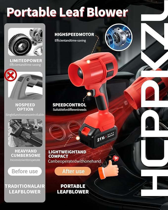 Power Leaf Blower 21V Cordless Lightweight Handheld Electric Turbo Jet 2x4Ah Batteries Fast Charger 1000,000 RPM High Speed with Ergonomic Handle for Yard Cleaning Lawn Maintenance Blowing Leave (Red)