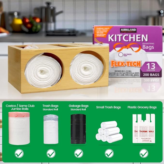Libreshine Extra Large Bamboo 2-in-1 Trash Bag Dispenser & Roll Holder – Fits Costco Kirkland & Members Mark Jumbo Rolls, Wall/Under-Sink/Cabinet Mountable, Dual-Slot Storage for 2 Rolls