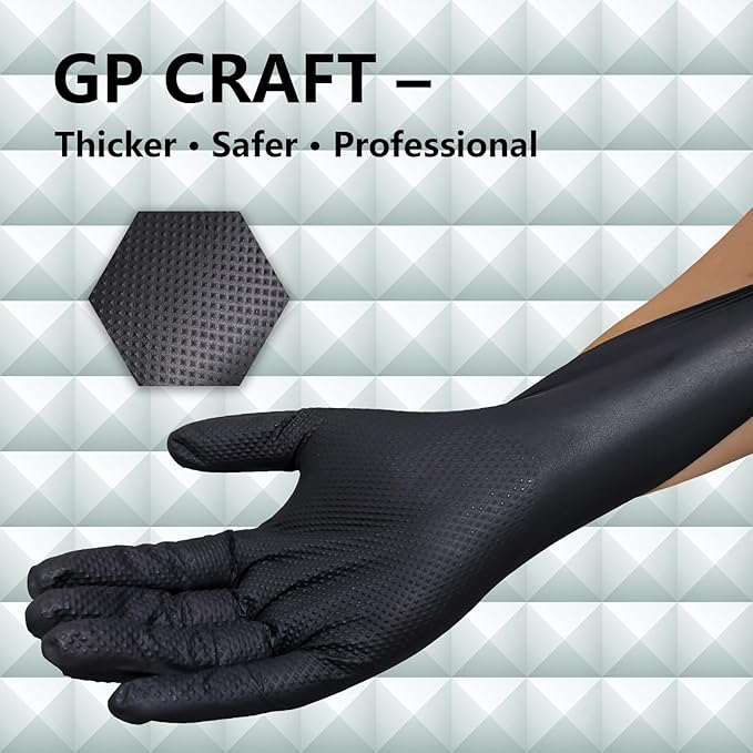 Heavy Duty Black Diamond Grip 8mil Nitrile Gloves - Industrial Grade, Puncture & Chemical Resistant Safety Gloves