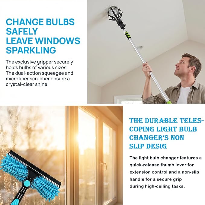 20FT Light Bulb Changer for high Ceilings with 5-12FT Telescoping Pole,Ceiling Fan Cleaner Duster with Extension Pole,Light Bulb Changer and Cobweb,Window Cleaning Kit for Home House Roof