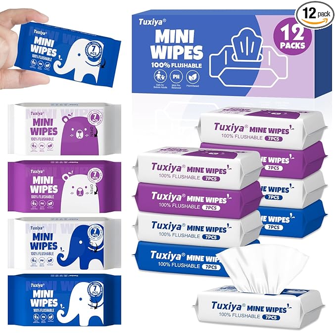 12 PackTravel Flushable Wipes with Aloe & Vitamin E,Impossibly Compact 7 Wipe Per Pack Mini Travel Adult Wet Wipe,Hypoallergenic & Fragrance-Free Skin-Friendly Flushable Wet Wipe(84 Total Wipes)