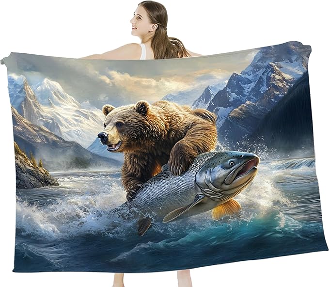 Tijuboni Bear Fish Throw Blanket Cabin Bear Gifts for Women Men Girls Boys Kids Adults Soft Flannel Fleece Blanket for Couch Sofa Bed Home Decor 40"x50"