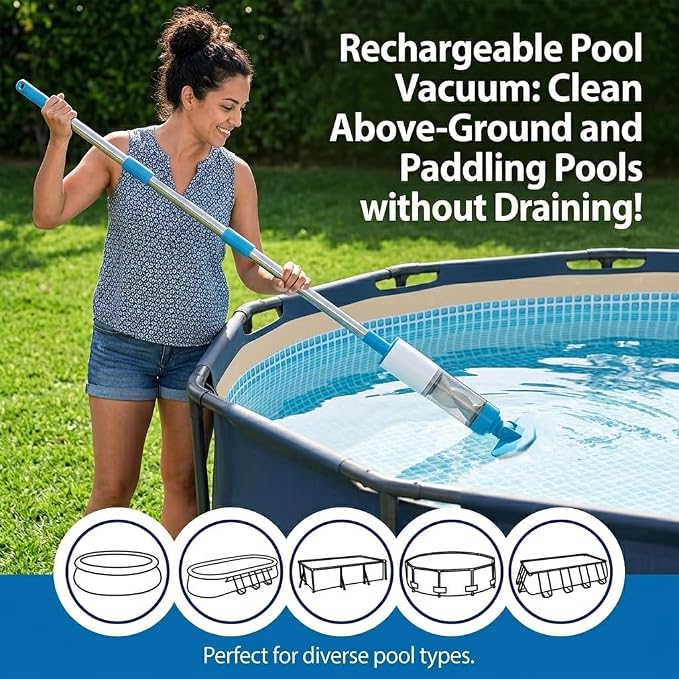 Handheld Pool Vacuum for Above Ground Pools, Cordless Pool Cleaner for Hot Tubs & Spas, 60 Min Runtime, 91in Reach with Poles, Dual Brush Heads, Cleans Sand&Debris&Algae, OVIA OCEAN10