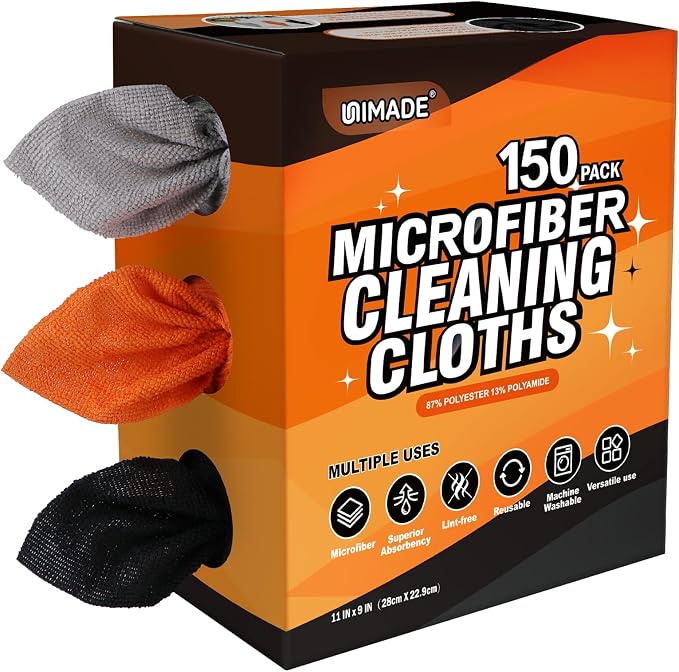 UNIMADE Microfiber Cleaning Cloth, 150 Pack Reusable Paper Towels Microfiber Towels for Cars Lint Free Shop Rags with Box for Home Kitchen Automotive, 11"x 9", Grey & Orange & Black