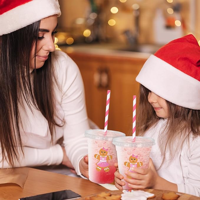 Whaline 50 Pcs 12 Oz Christmas Disposable Plastic Cups with Lids and Straws Cute Pink Gingerbread Man Cold Beverage Drinking Cups for Xmas Birthday Party Supplies