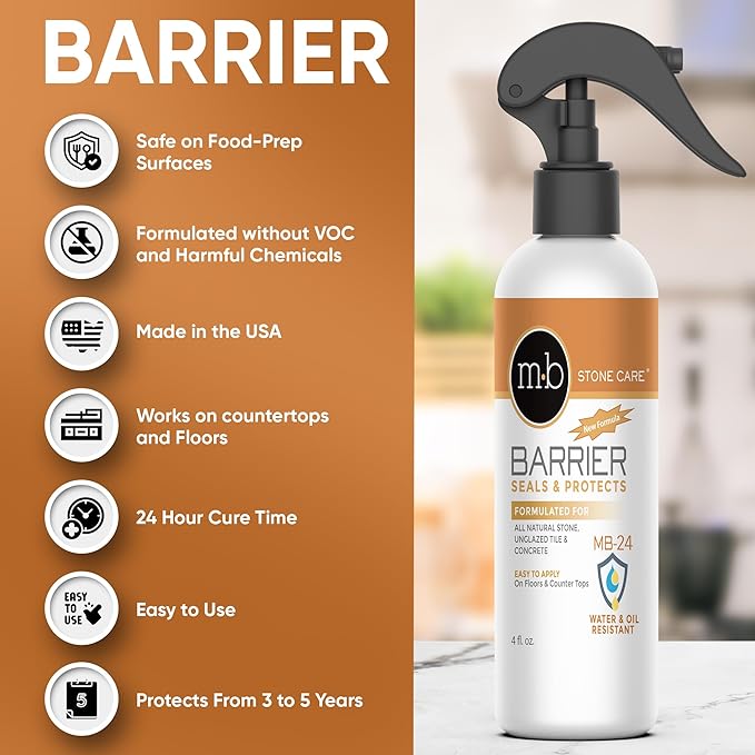 MB Stone Care Sample Kit - MB-11 Marble Etch Remover for Light to Neutral Colored Calcite Based Stone, GT-1 Green Thing, MB-24 Barrier Sealer, Finito Finishing Spray, Microfiber Towels