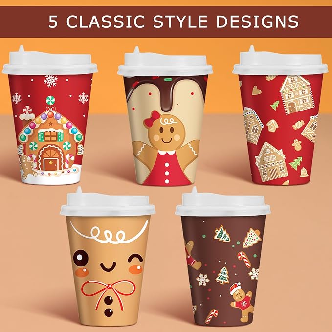 Gerrii 100 Set Christmas Paper Cups Disposable 12 oz with Lids Hot Chocolate Cups Coffee Cups Holiday Hot Cups for Hot and Cold Drinks Tea Water Bar Supplies Winter Season (Gingerbread Man Style)