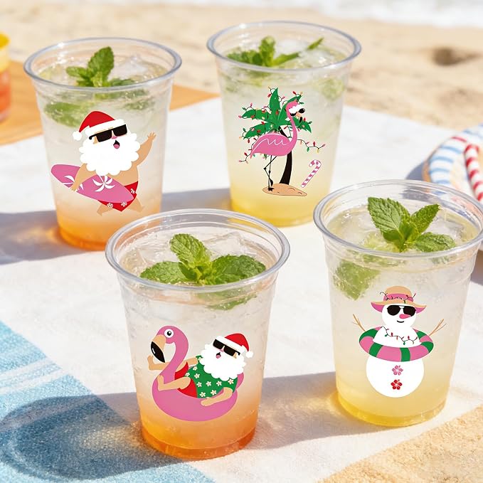 Rngmsi July Christmas Plastic Cups - 50 Pcs Christmas Decorations for Party, 12 OZ Summer Disposable Cups, Xmas Party Supplies Favor