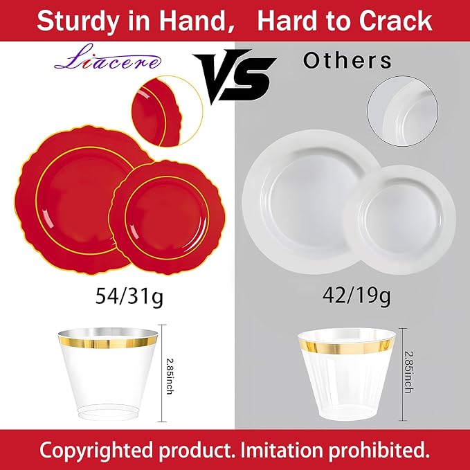 Liacere 350PCS Red Plastic Plates - Red Disposable Plates With Gold Rim - 50Guest Baroque Plastic Dinnerware include 100Plates-50Pack Pre Rolled Napkins with Silverware 50Cups for Independence Day