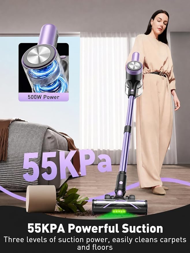 Cordless Vacuum Cleaner for Home, 55KPa Powerful Suction, Self-Standing Stick Vacuum with Charging Dock, Anti-Tangle Brush, Lightweight for Pet Hair, Carpet, Hardwood Floor(Purple)
